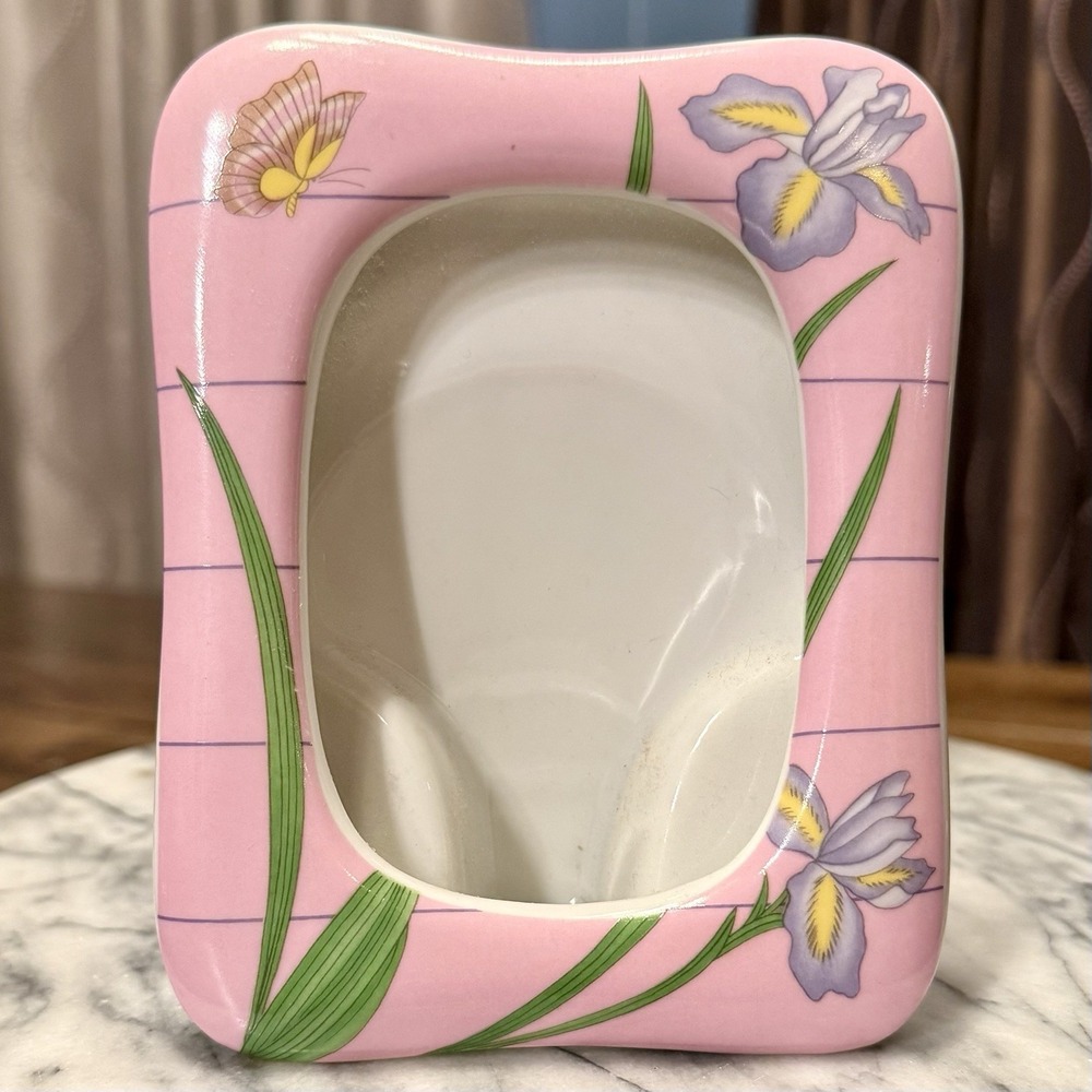 VTG 80s Wicks N Sticks Ceramic Porcelain Pink 4x6" Photo Frame Floral Butterfly